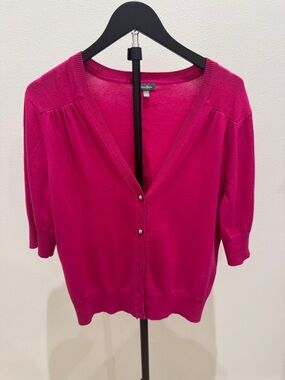 Neiman Marcus Bright Fuchsia Short-Sleeve V-Neck Button Cardigan